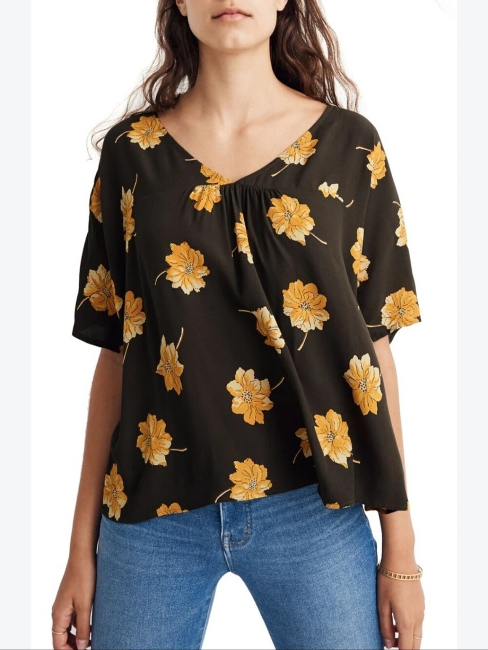 Madewell Rhyme Olive Green Blouse with Yellow Floral Print Size XS